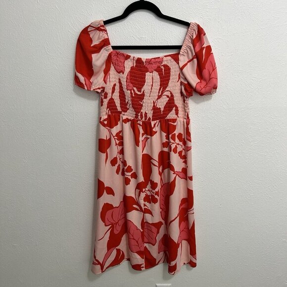 Ann Taylor Petite Floral Smocked Bodice Flare Dress Pink Red Size PS Puff Sleeve - Picture 5 of 10